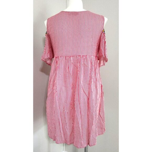 SAHIBA Stripe Flower Pot Patio House Dress TASSELS Red White L/XL - Picture 3 of 16